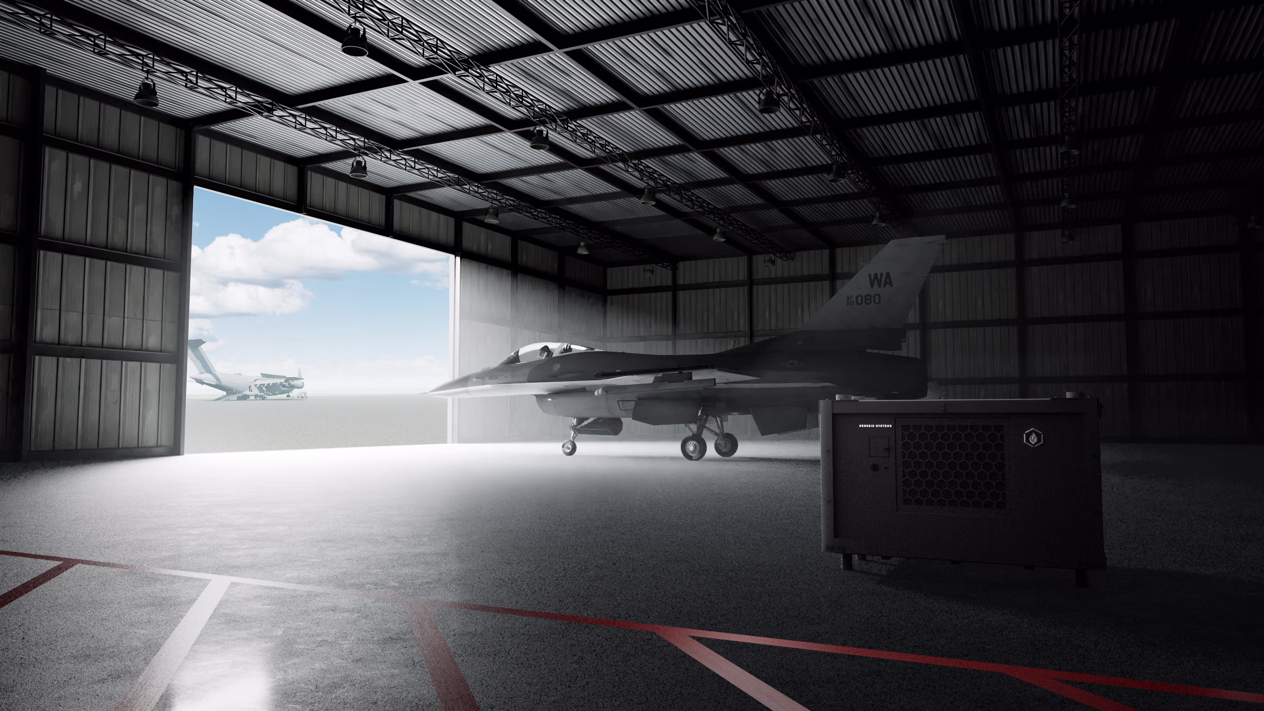 WaterCube 100M positioned near an F-16 aircraft
