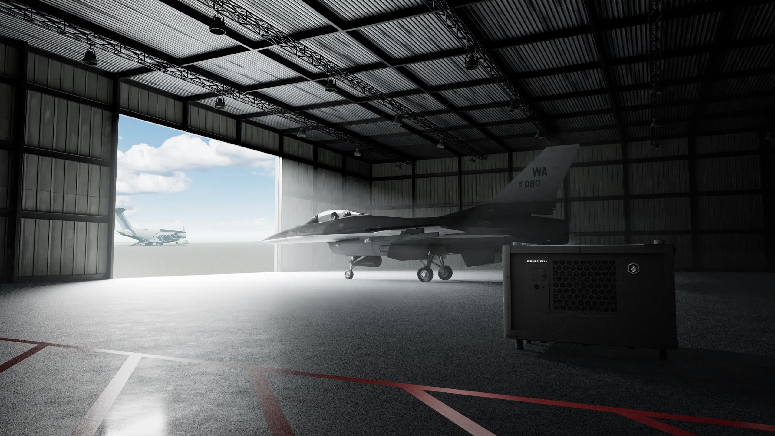 WaterCube 100M positioned near an F-16 aircraft